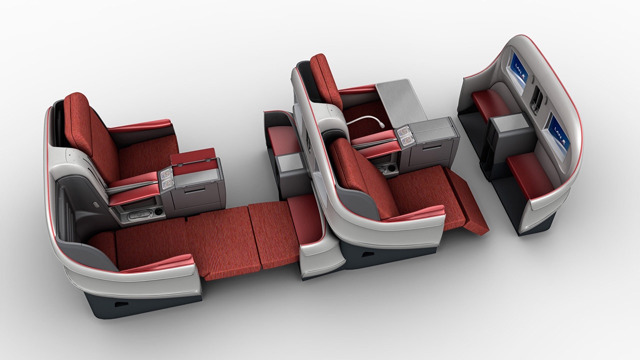 A 3d model of an airplane seat with red and black seats, showcasing seat design.