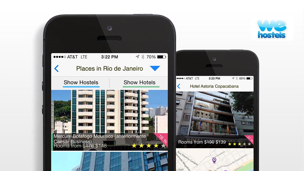 Two mobiles displaying a hotel app.