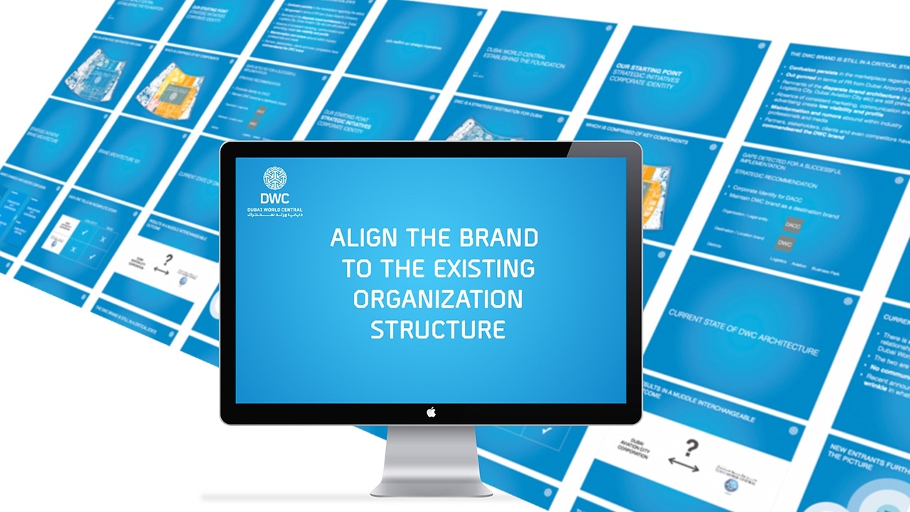 A computer screen with the words align the brand to a new organization structure for corporate rebranding.