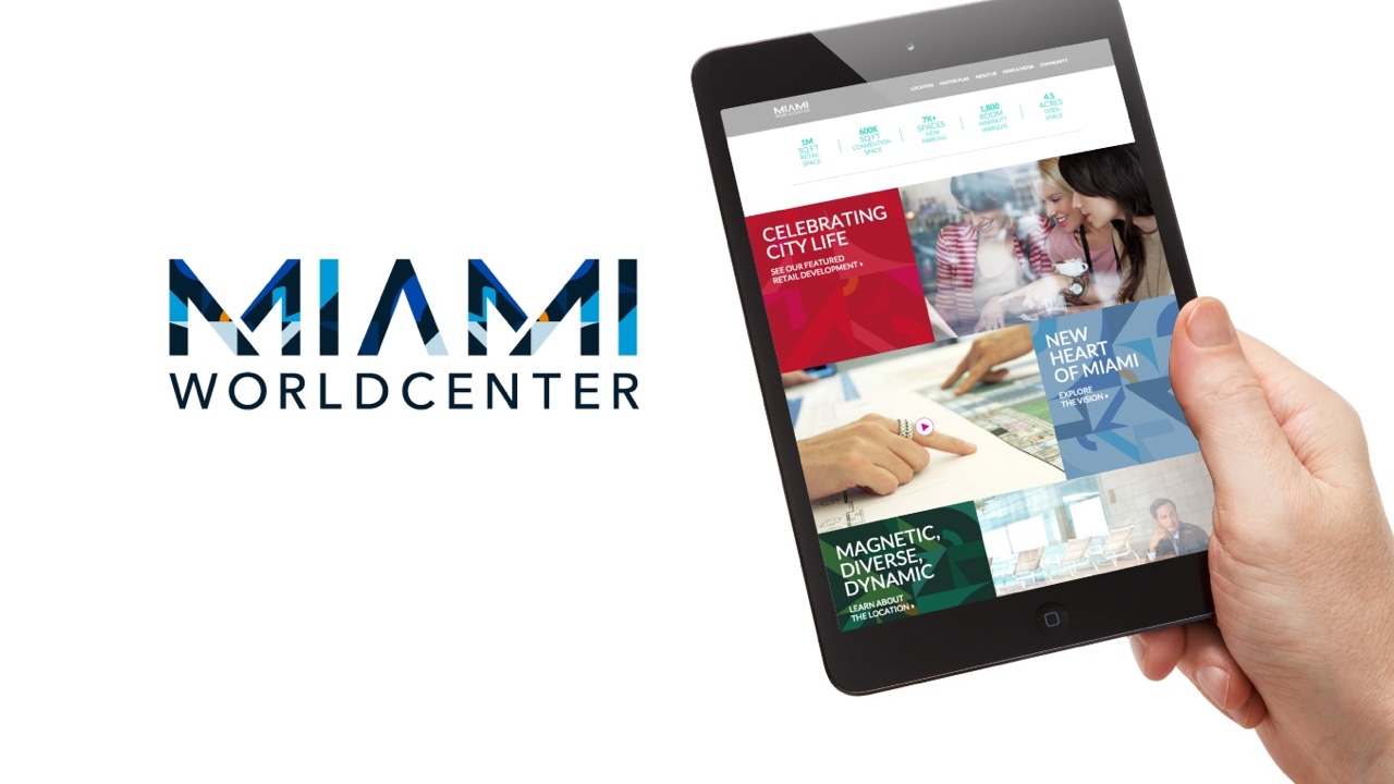 The Miami Worldcenter website is displayed on a tablet using digital tools.