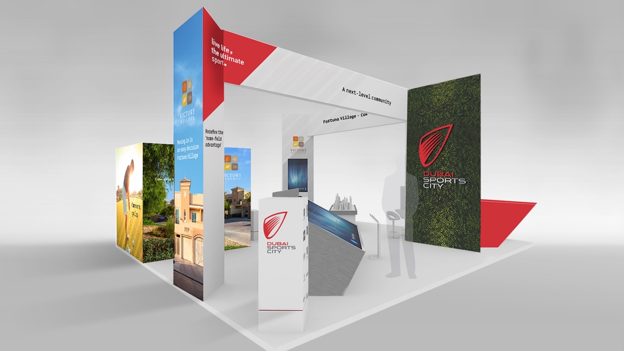 A trade show booth with a red and white design showcasing the "Redefining the Home-field Advantage.