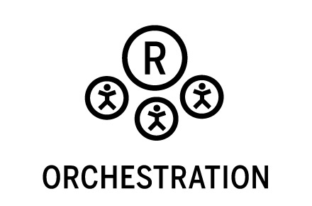 A black and white logo featuring the word orchestration for marketers.