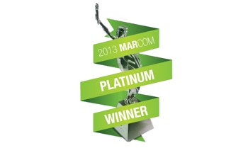 A green ribbon with the words platinum winner.