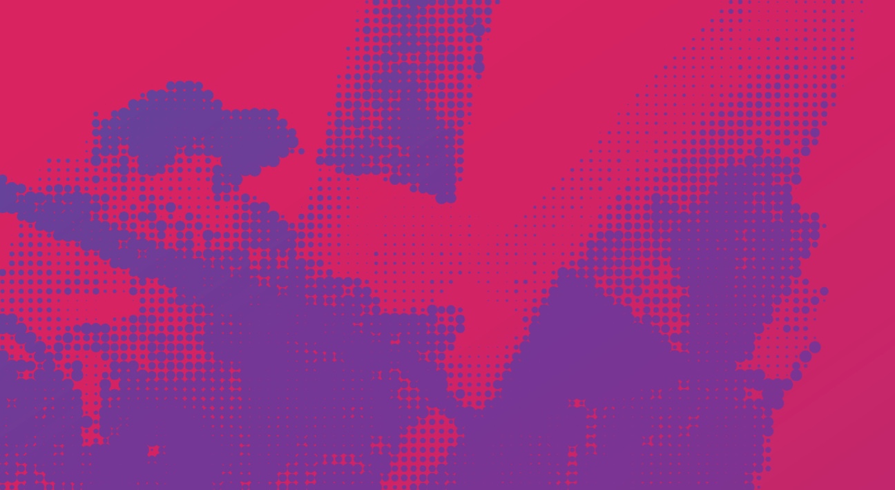 A purple and magenta background with a pixelated image.