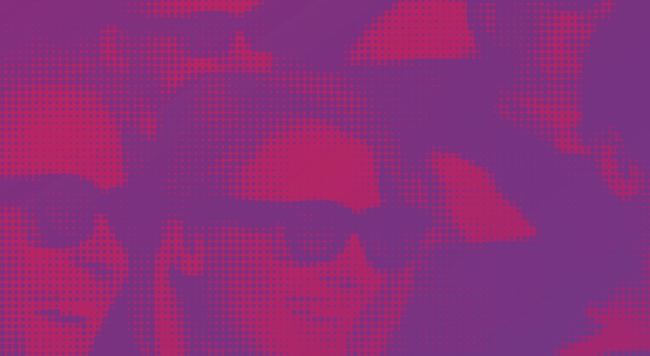 A purple and magenta background with a pixelated image of two smiling young adults