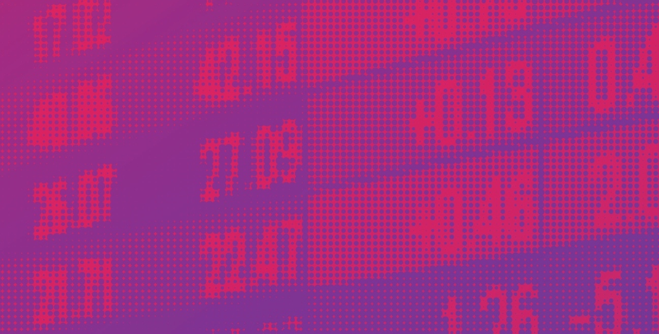A purple and magenta background with a pixelated image of a Stock market ticker digital display