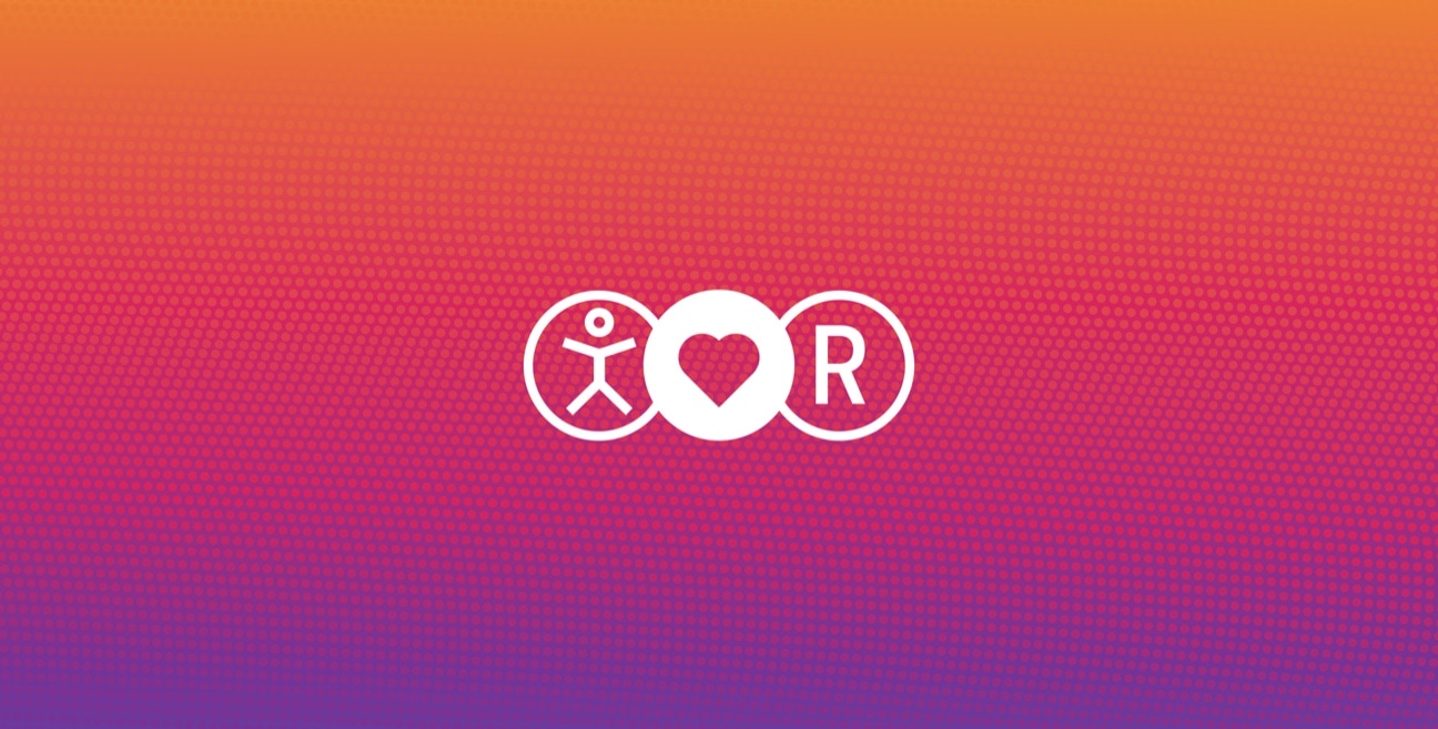 An orange and purple background with 3 icons: a person, a heart and the letter R