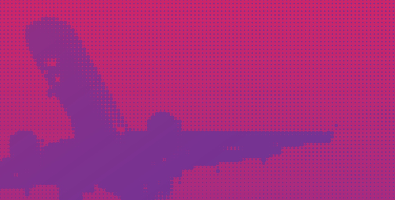 A purple and magenta background with a pixelated image of an airplane