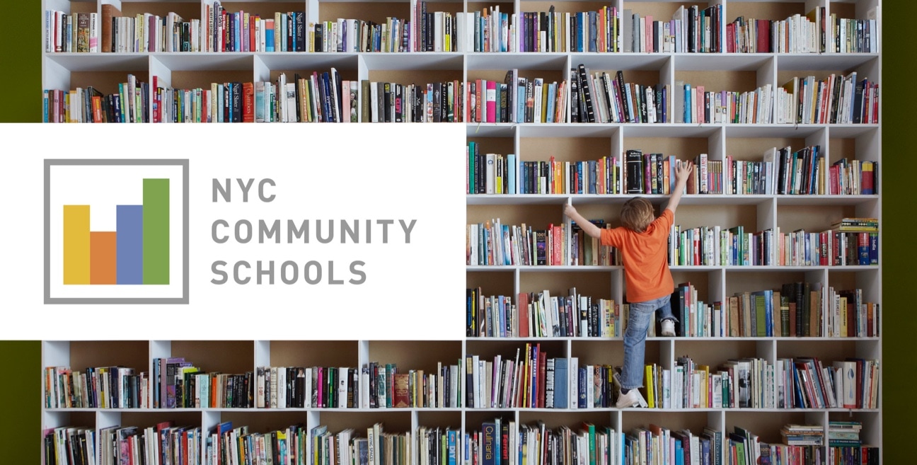 boy climbing for book on high shelf and the logo of NYC COMMUNITY SCHOOLS
