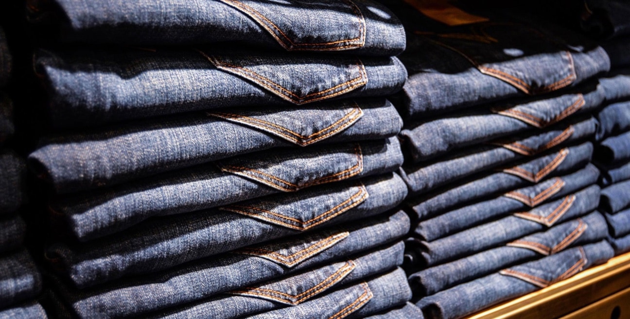 A stack of blue jeans from popular apparel brands in a store.