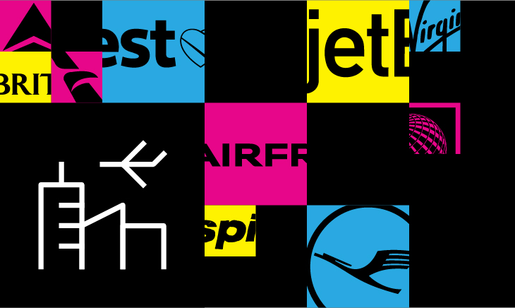 A black and white image of various airline logos.