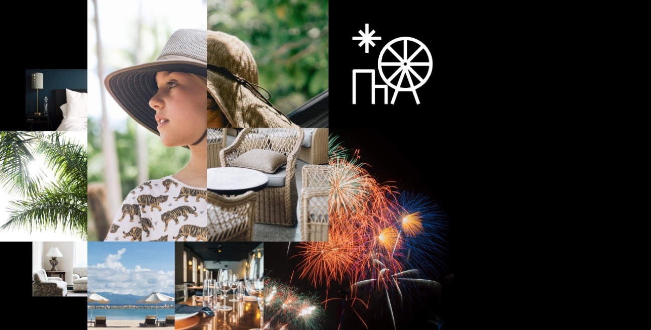 A collage of photos with a woman in a hat and a firework.