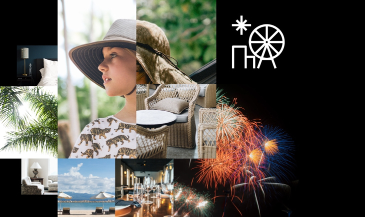 A collage of photos of a woman with a hat and a firework.