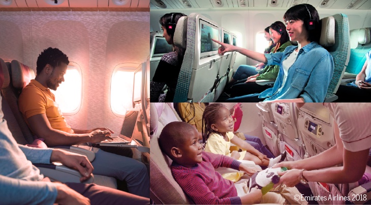A collage of people traveling on emirates flights