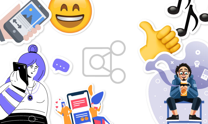 Emojis and social media icons on a white background.