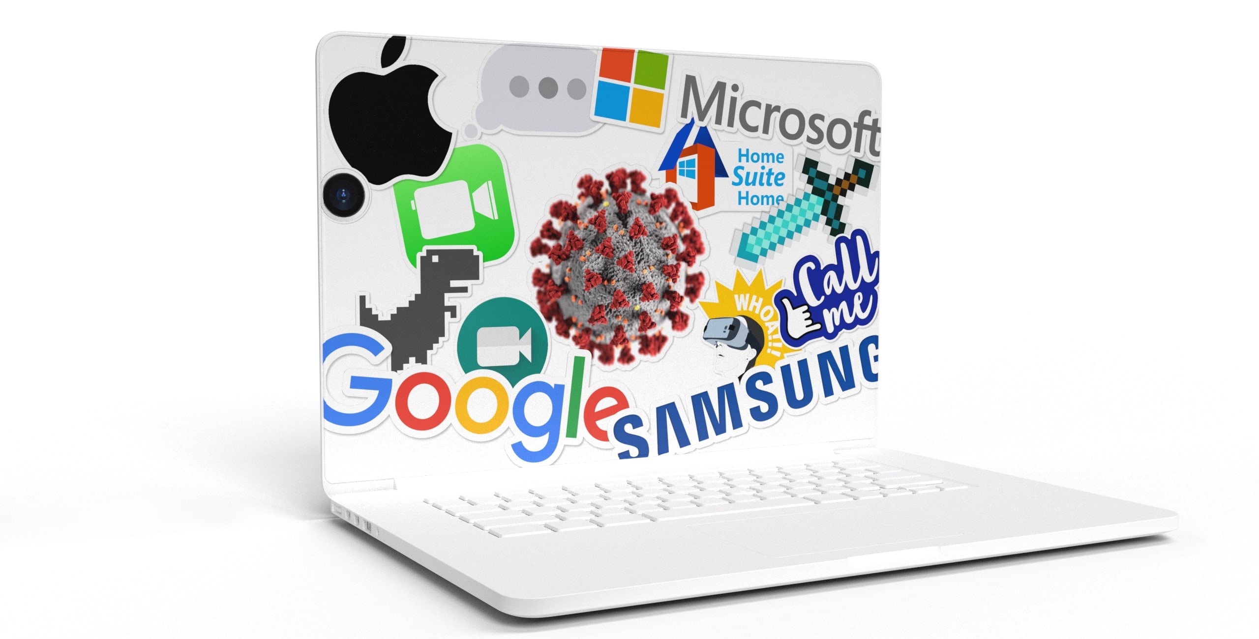 A laptop with microsoft, samsung and other logos on it.