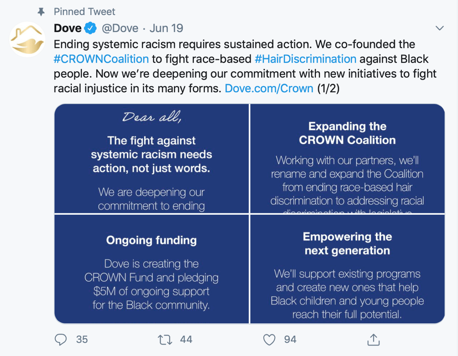Tweet from Dove about ending systematic racism