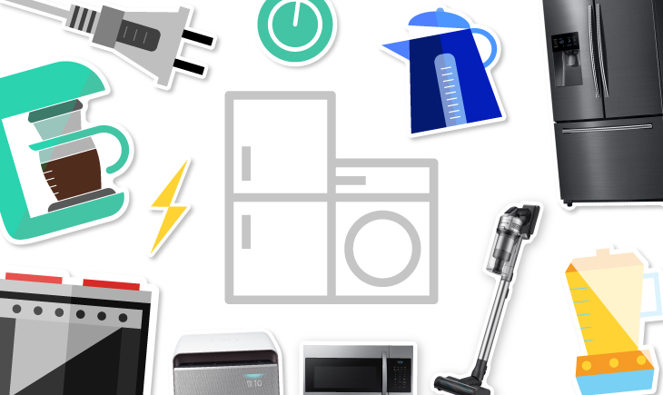 A variety of kitchen appliances are shown on a white background.