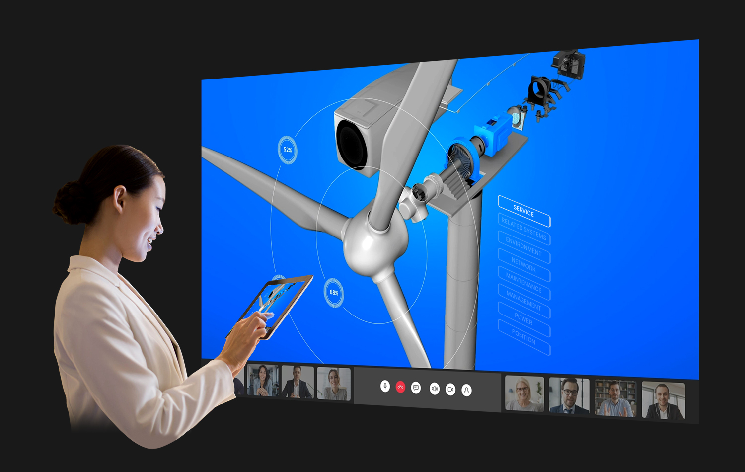 A woman using a tablet to view a wind turbine on a screen.