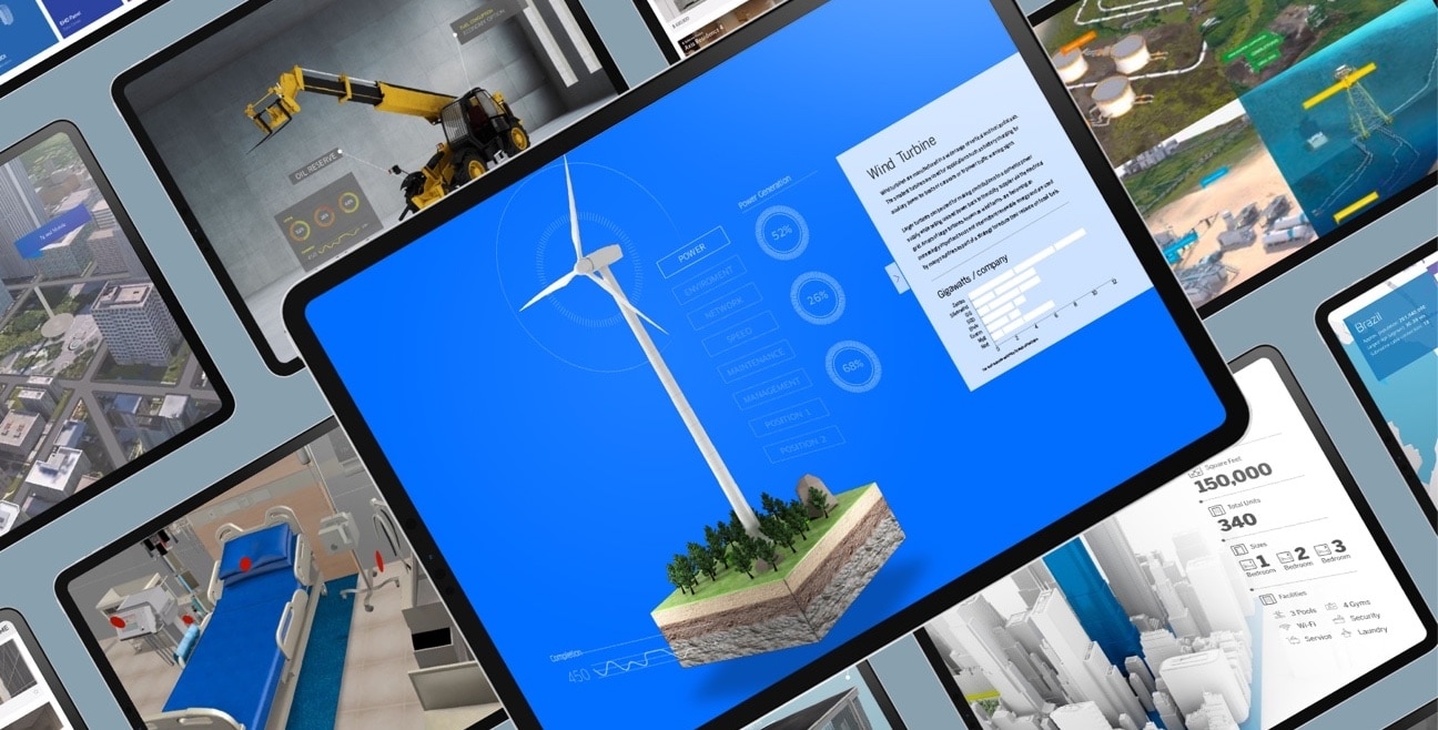 A group of ipads with images of wind turbines