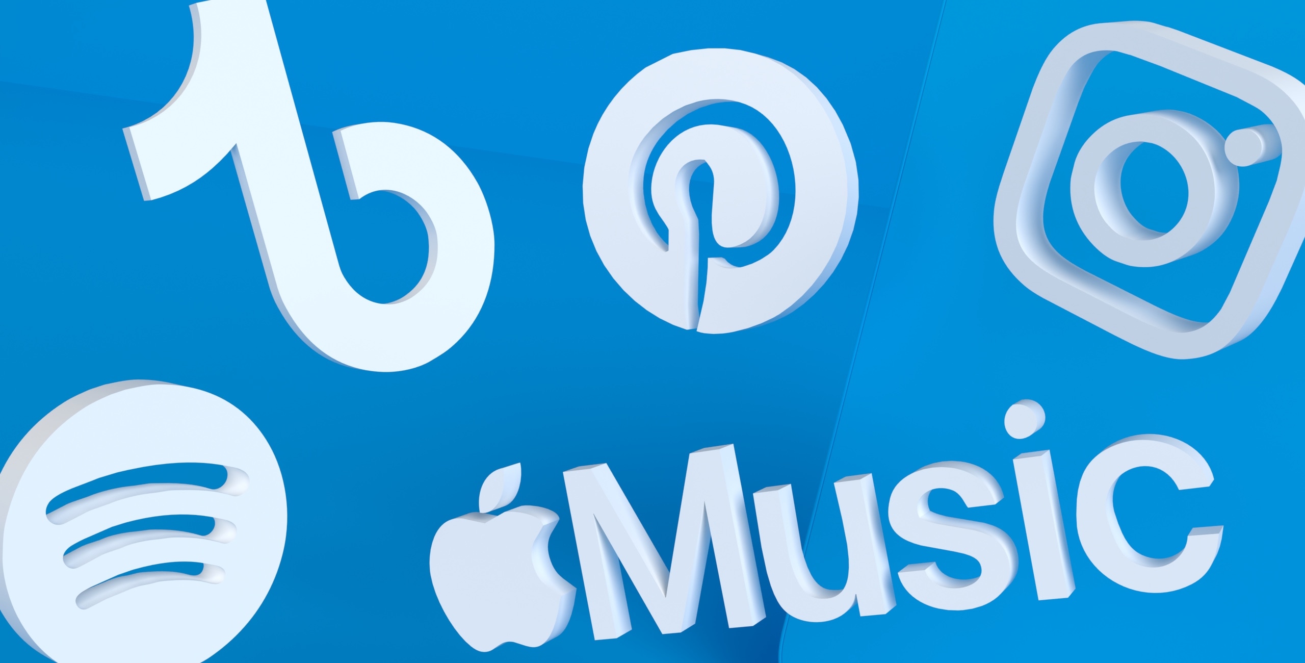 A blue background with various music and social media icons.