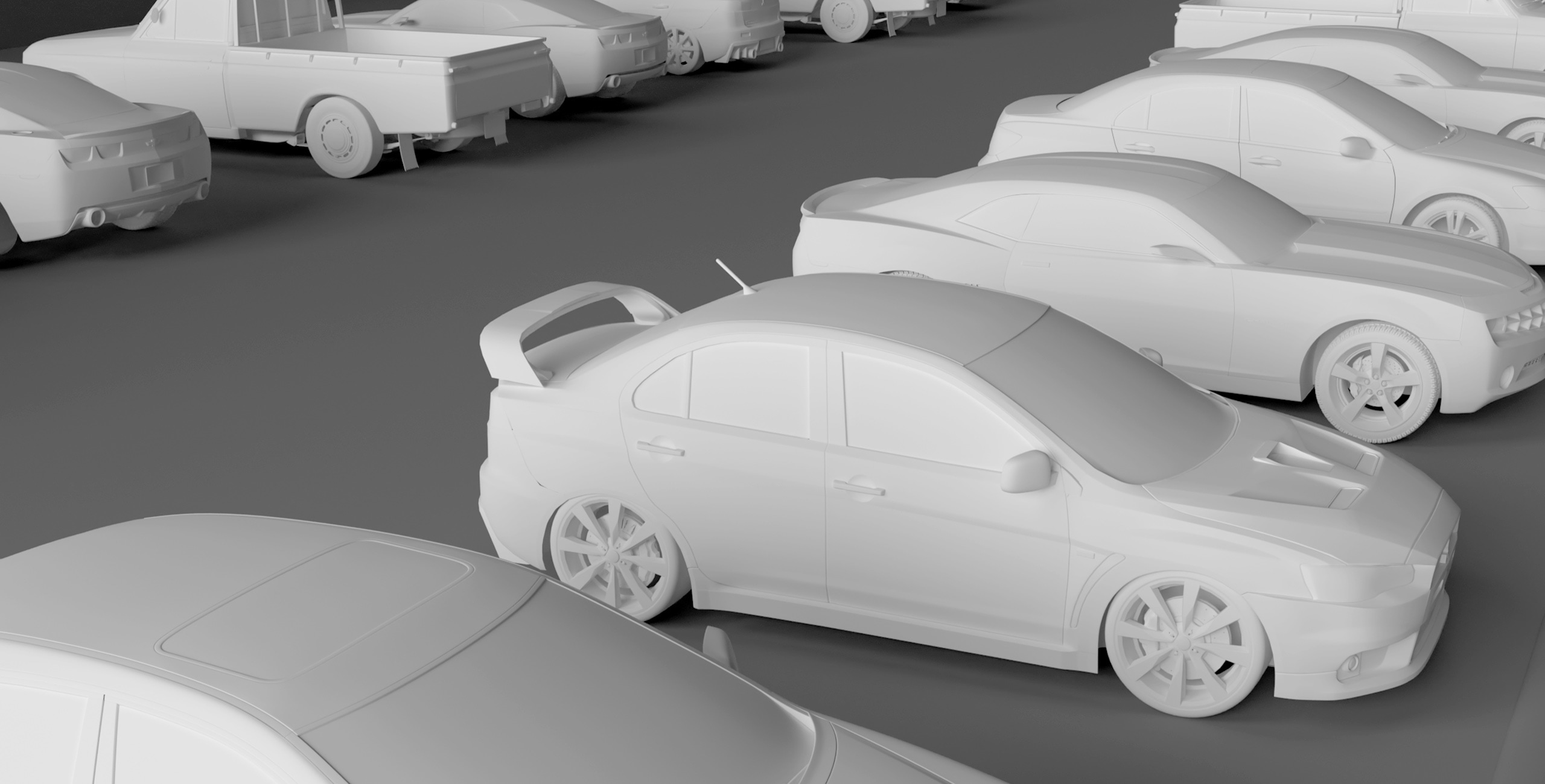 A 3d model of several cars parked in a row.