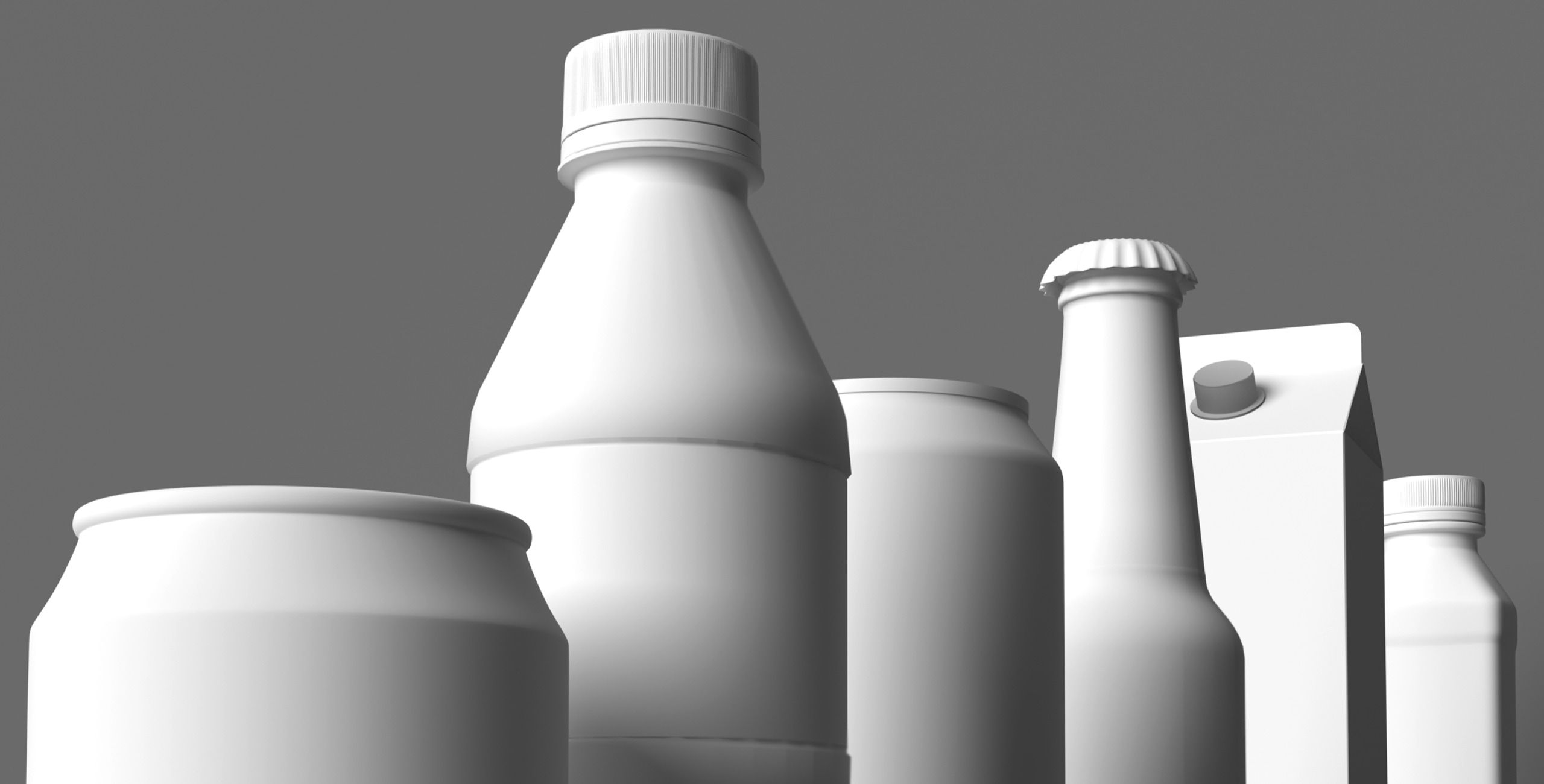 A group of white cans and bottles on a gray background.