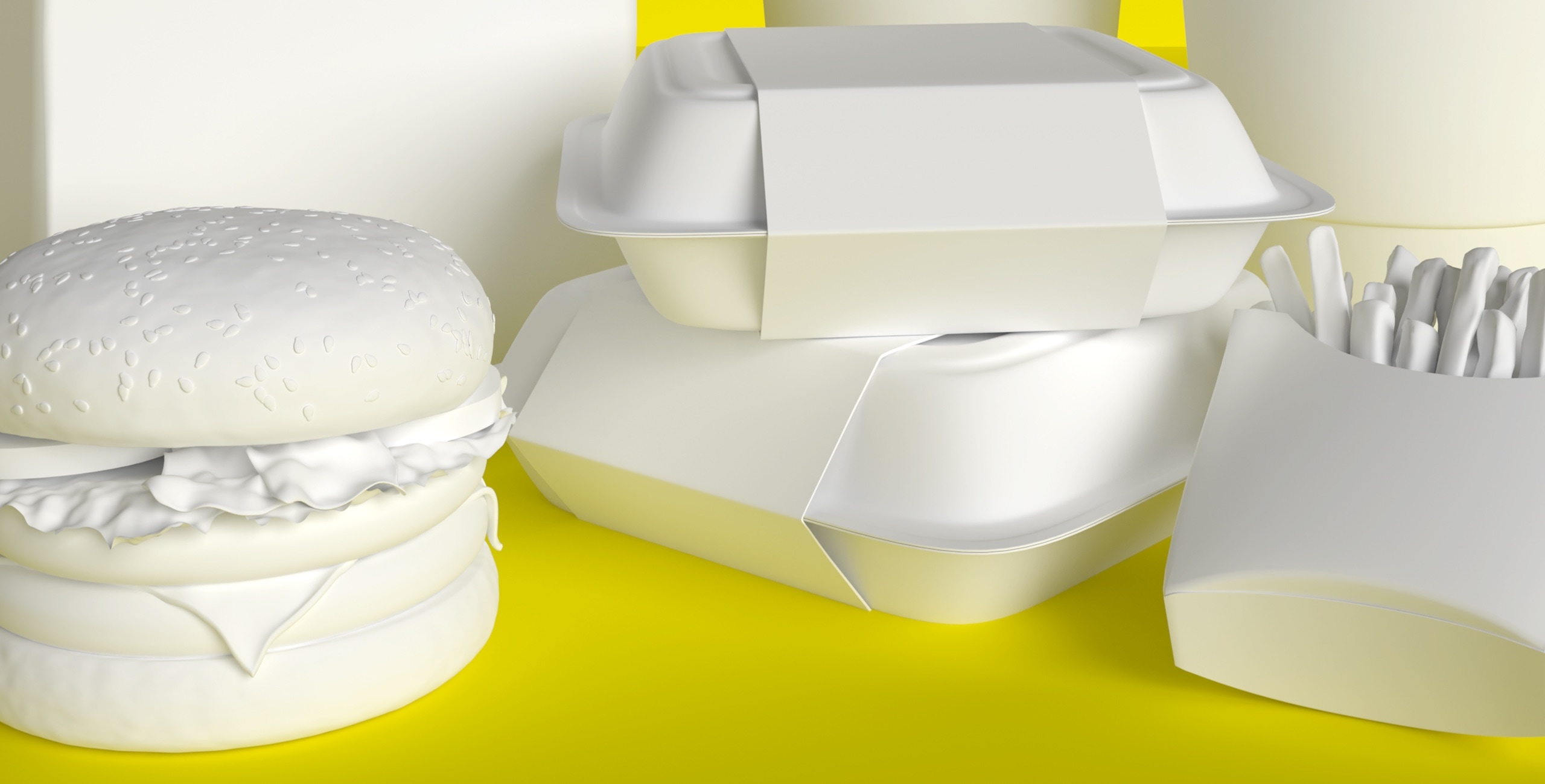 3d model of burgers, fries and condiments.