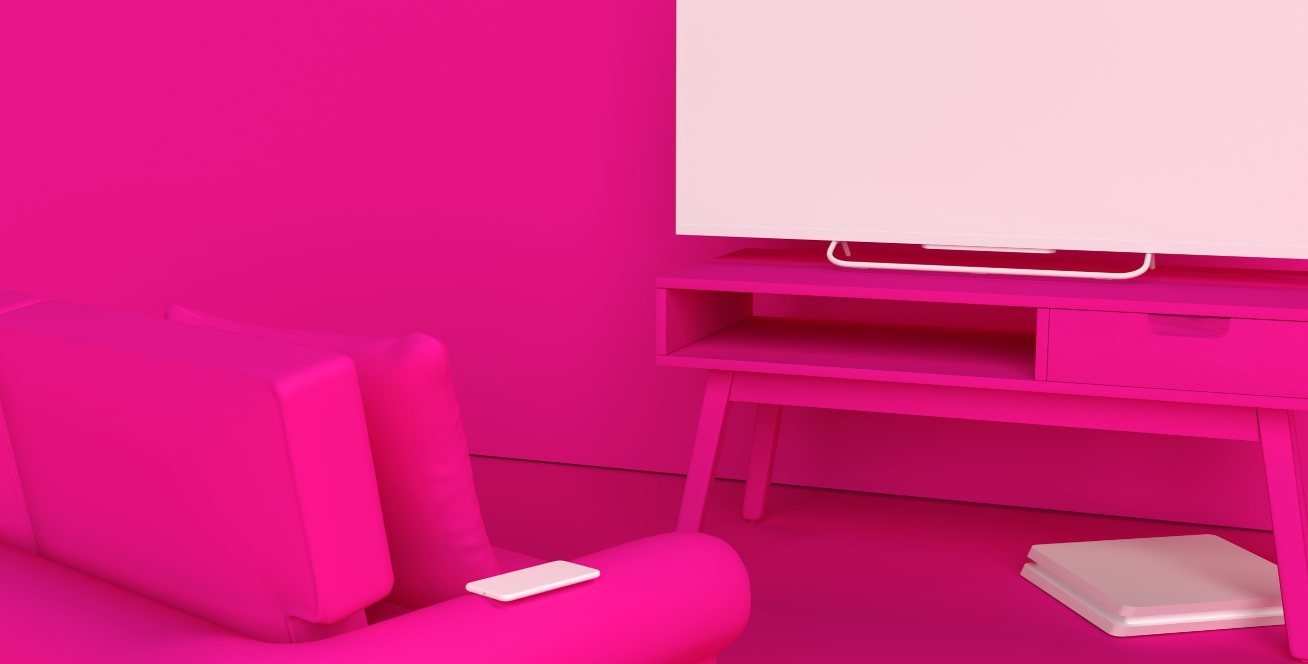A pink living room with a tv and a chair.