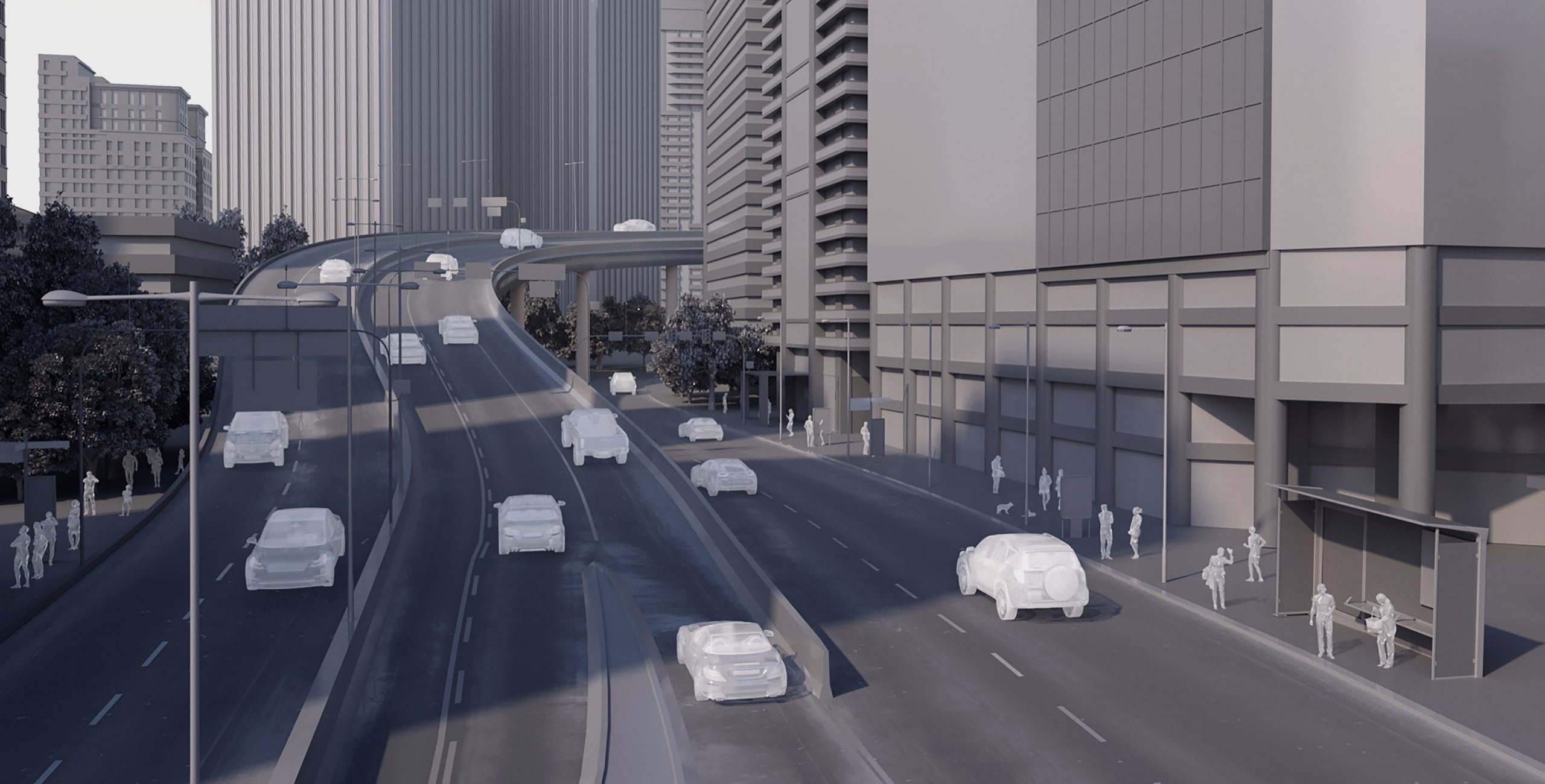 A 3d rendering of a city street with cars driving on it.