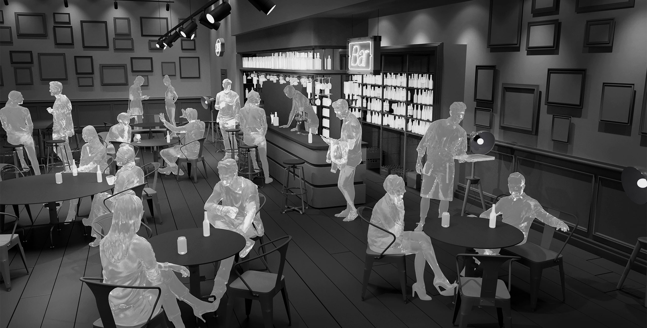 A black and white image of people in a bar.