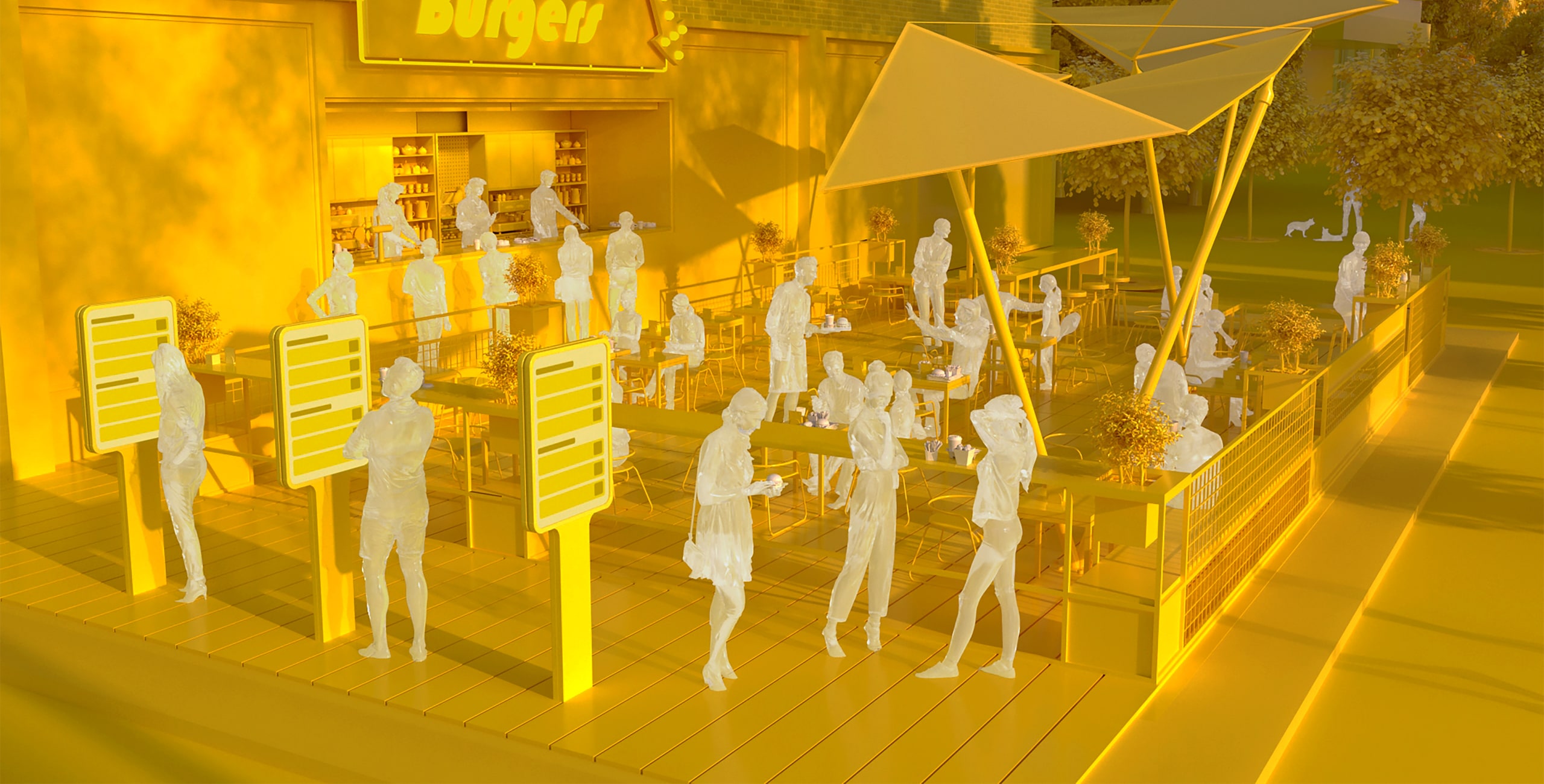 A 3d rendering of a cafe with people sitting outside.