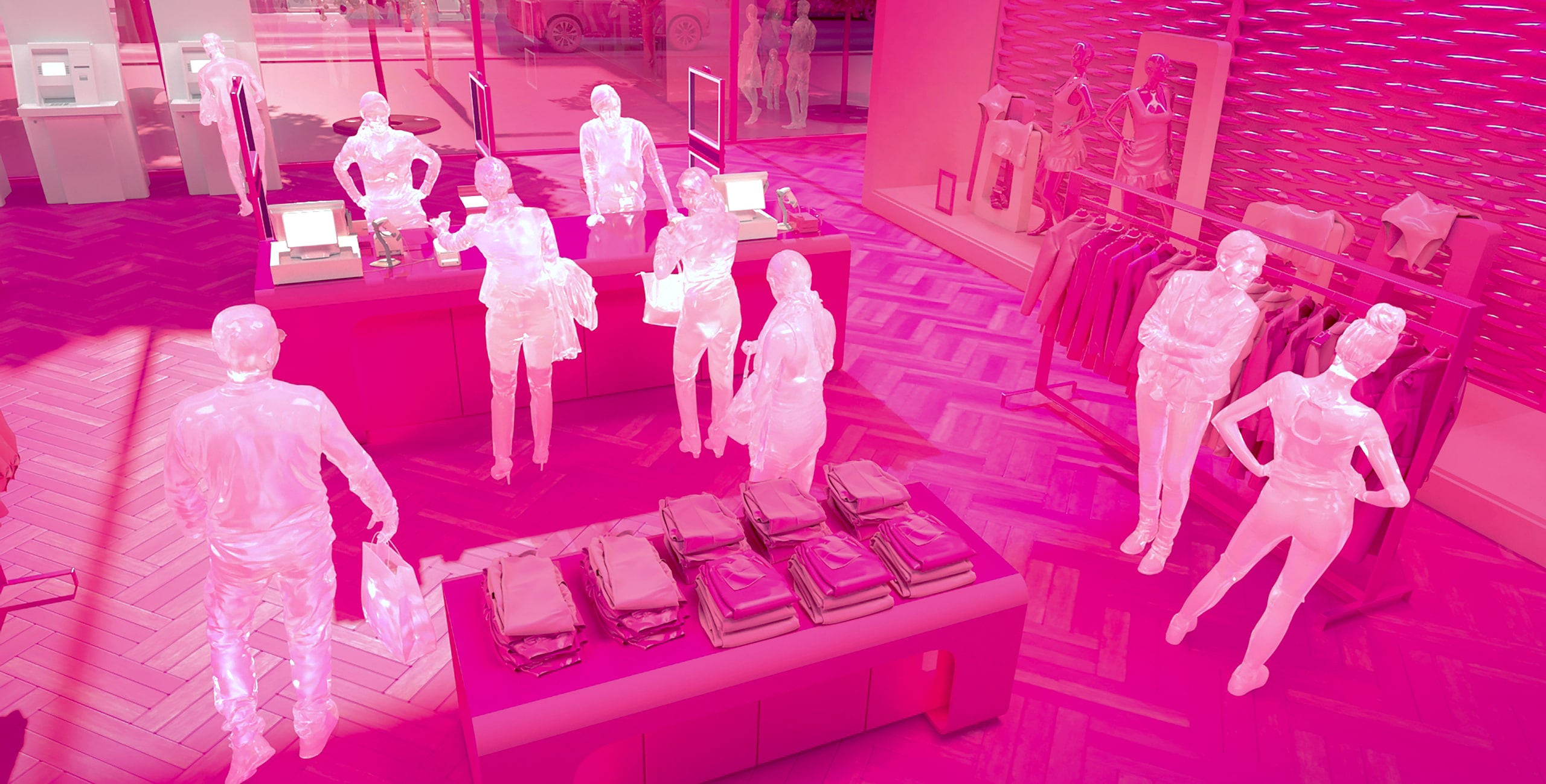 Mannequins in a pink room with mannequins.