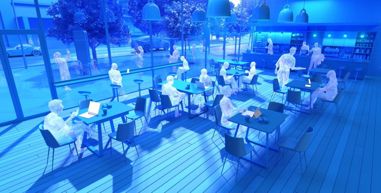 3d rendering of a cafe with people sitting at tables.