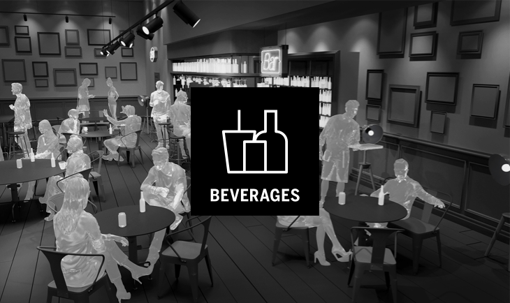 Beverages icon over a 3D model of a bar