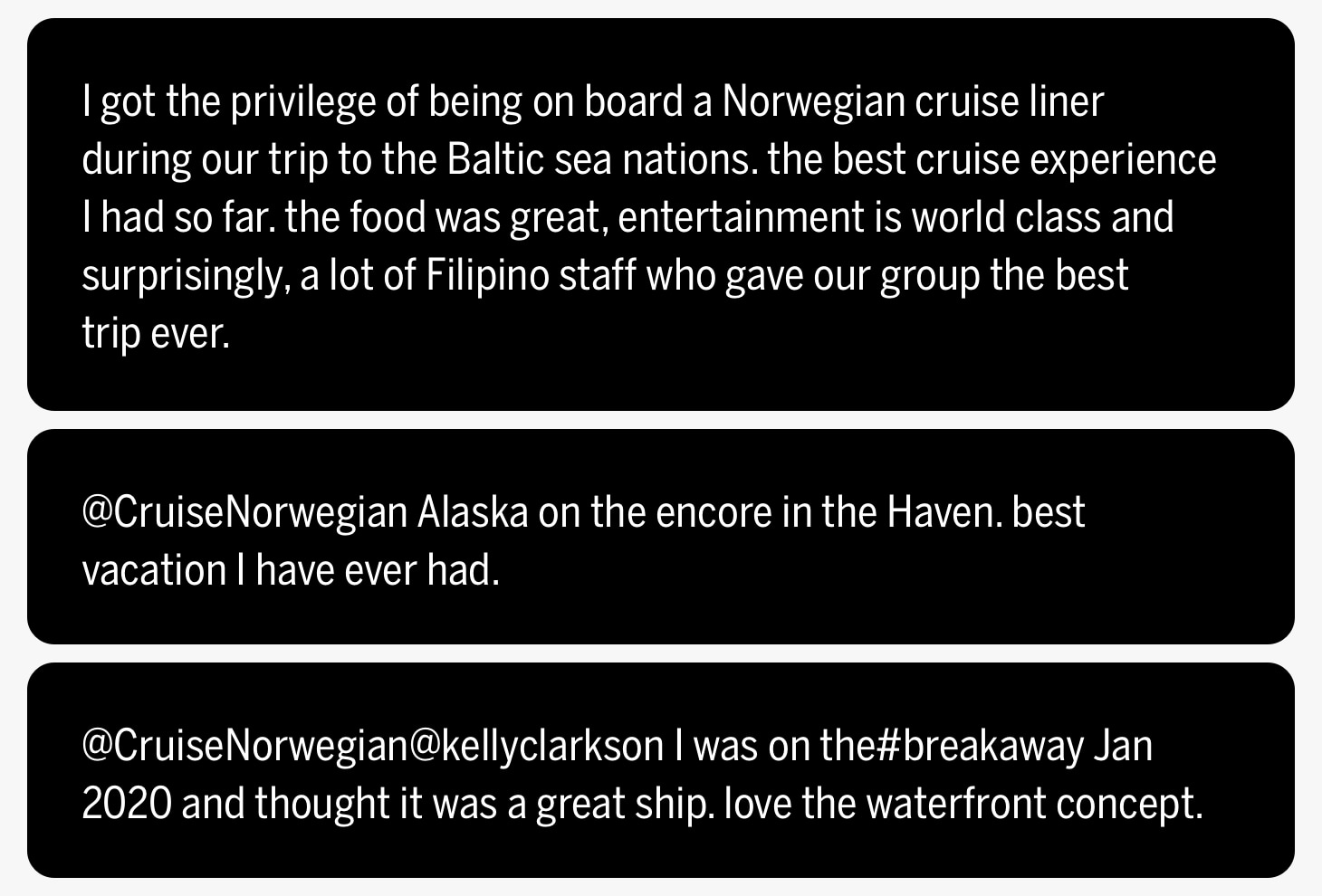 A group of people are talking about their experience on a cruise.