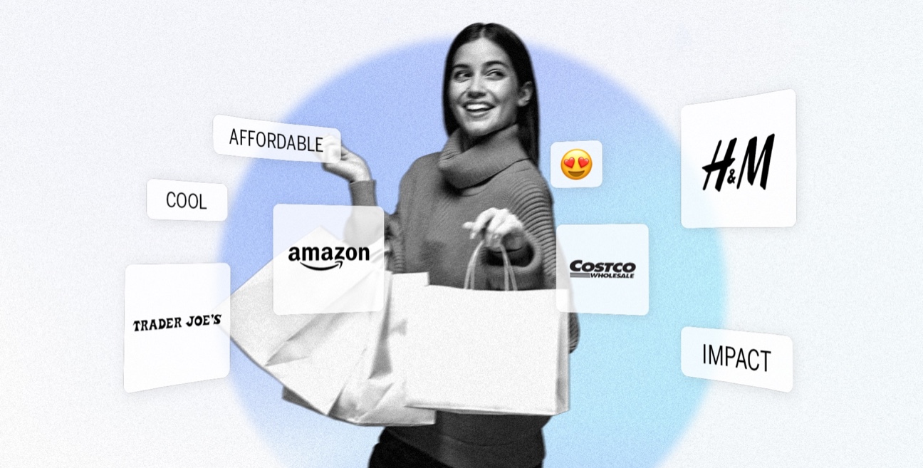 A smiling young woman with shopping bags an some retail brands logos