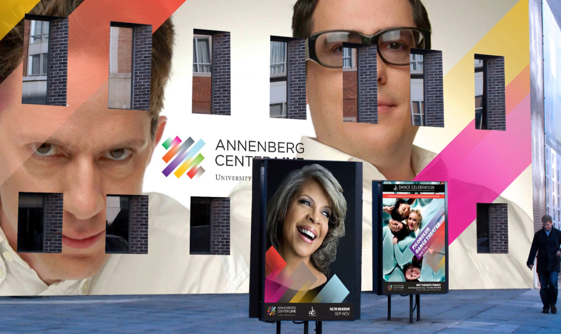 Examples of two vertical billboards for Annenberg Center Live showing how to apply the design system 