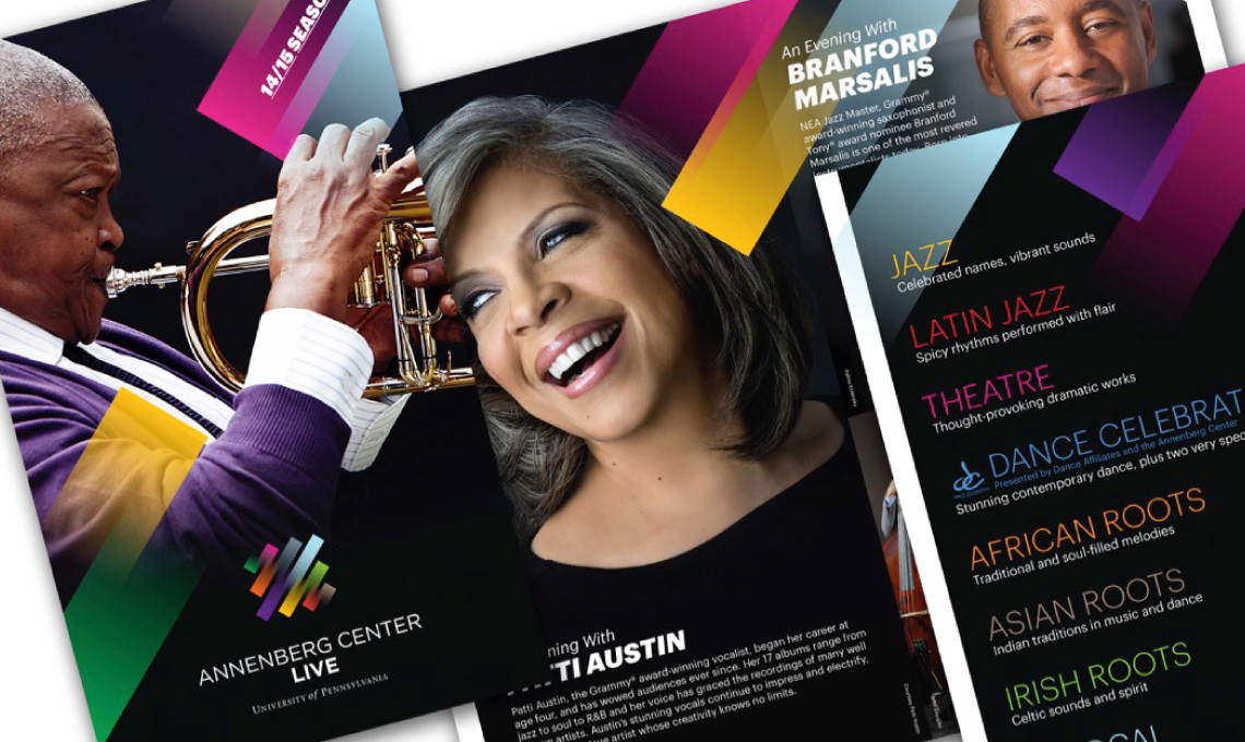 Examples of printed material for Annenberg Center Live showing how to apply the design system 