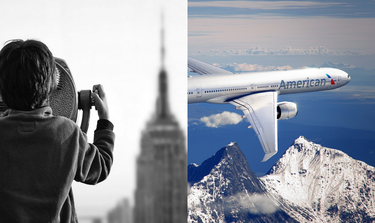A man captures a picture of a plane soaring over a mountain for corporate branding purposes.