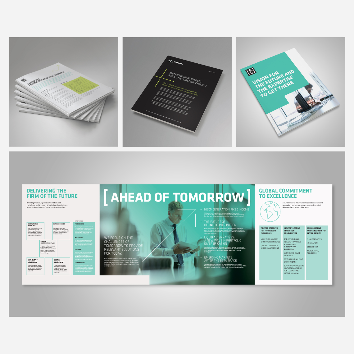 Examples of printed material and branded brochures developed for AB (AllianceBernstein)
