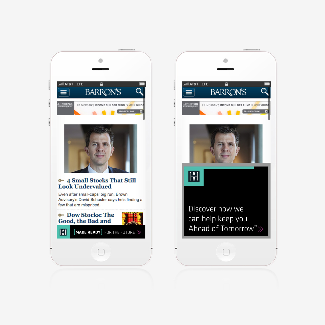 Two mobile phones showing examples of the design system applied to the website