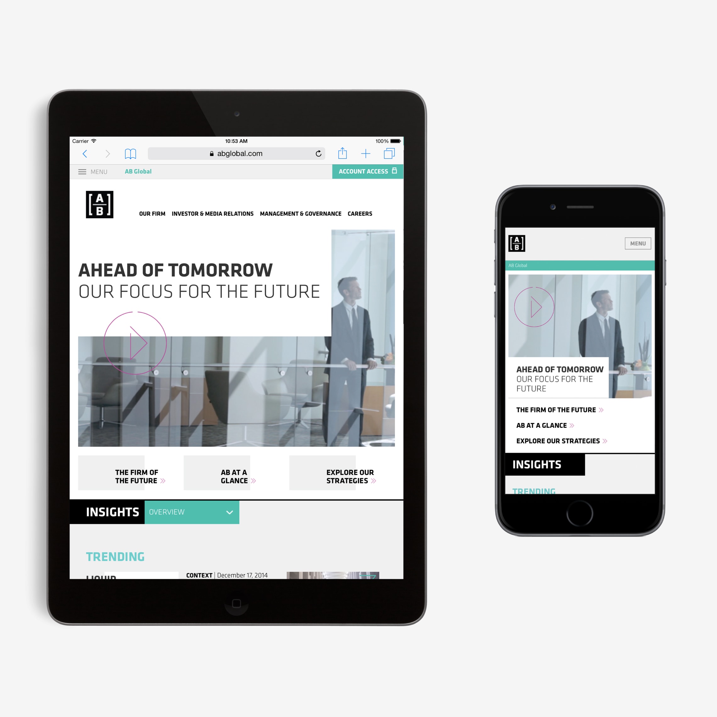 A tablet and a mobile phone showing the new website developed for AB (AllianceBernstein)