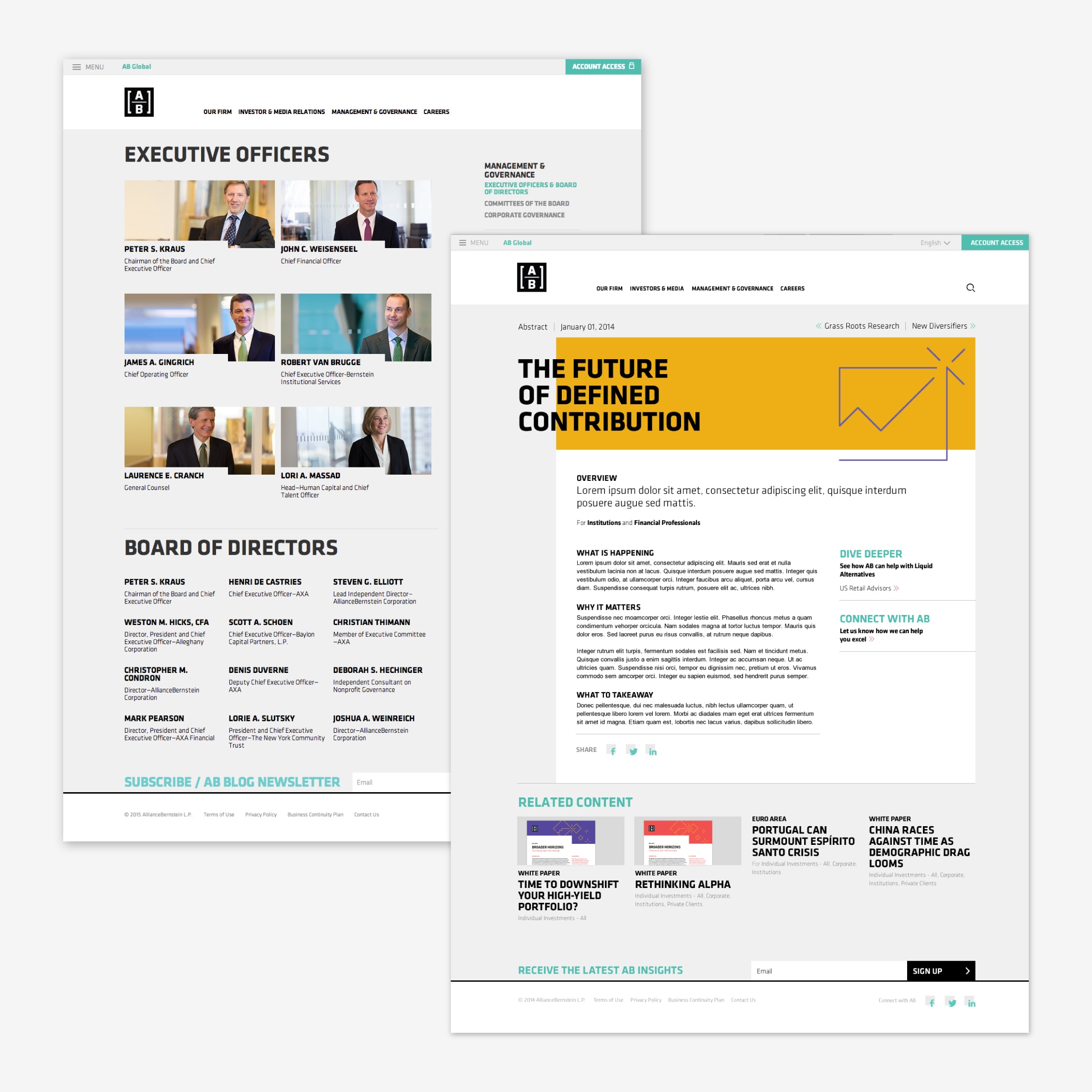 Examples of the new website developed for AB (AllianceBernstein): the board of directors page, and an article page.