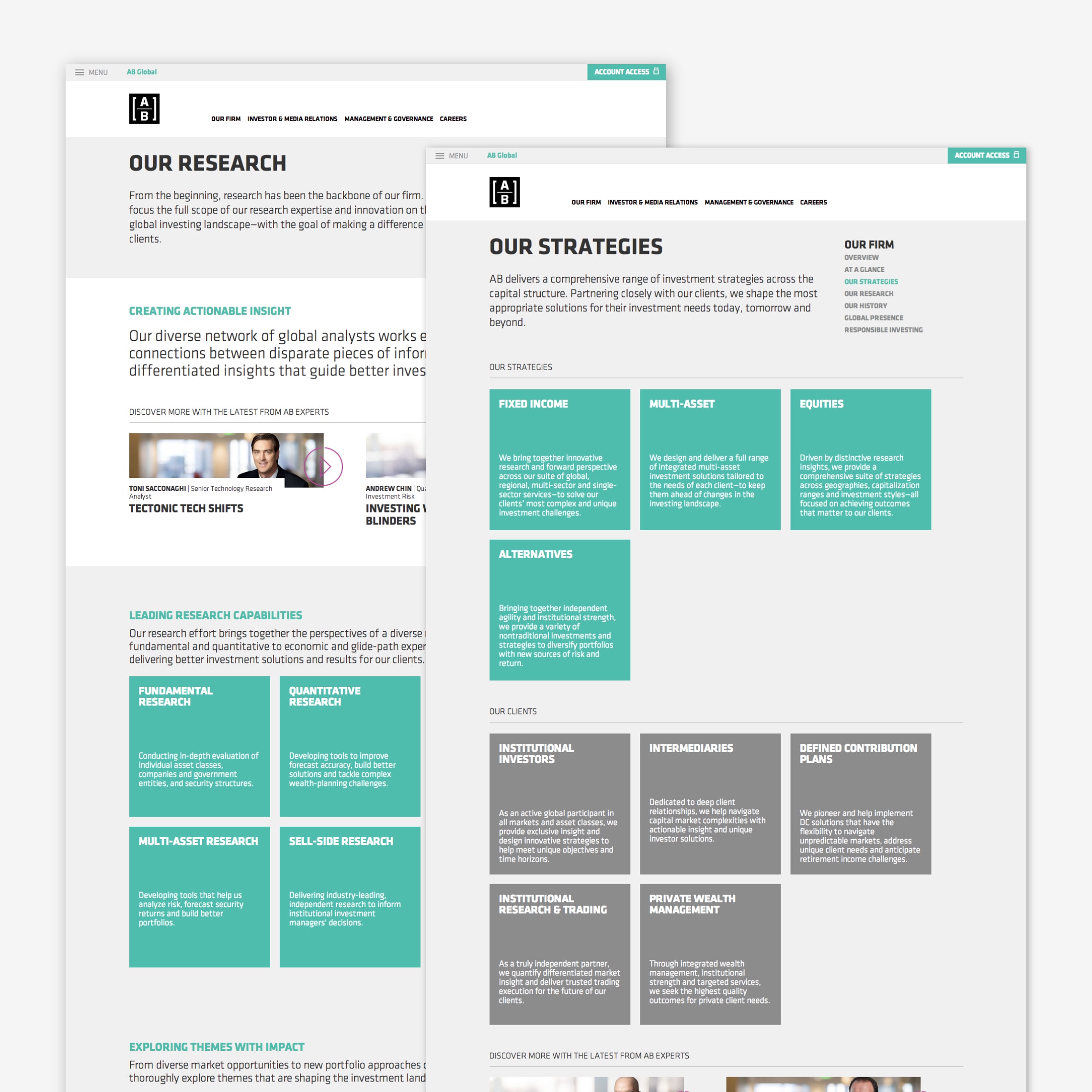 Examples of the new website developed for AB (AllianceBernstein), our research page, and our strategies page.