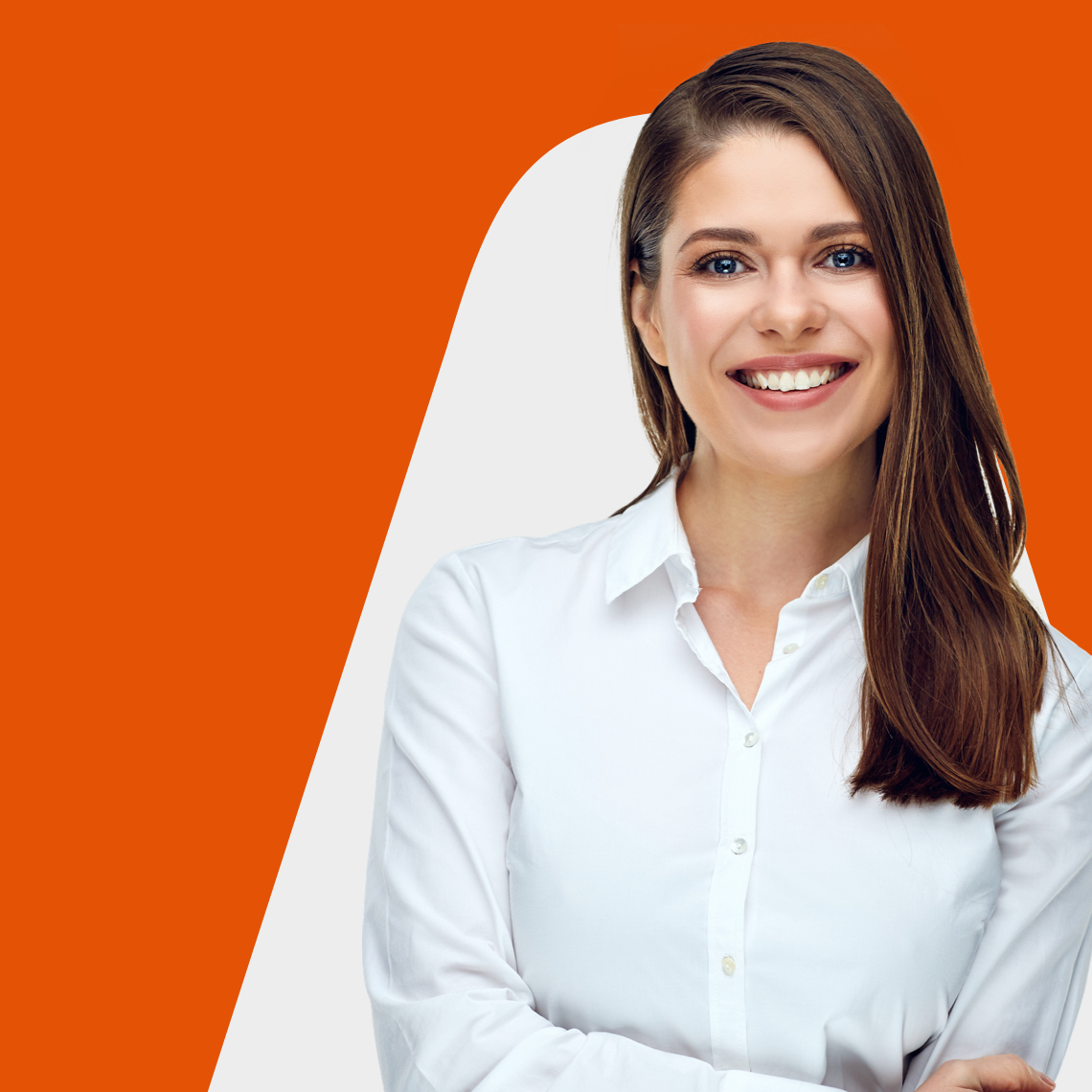 a woman in a white shirt is smiling over an orange wall with the Amerant logo