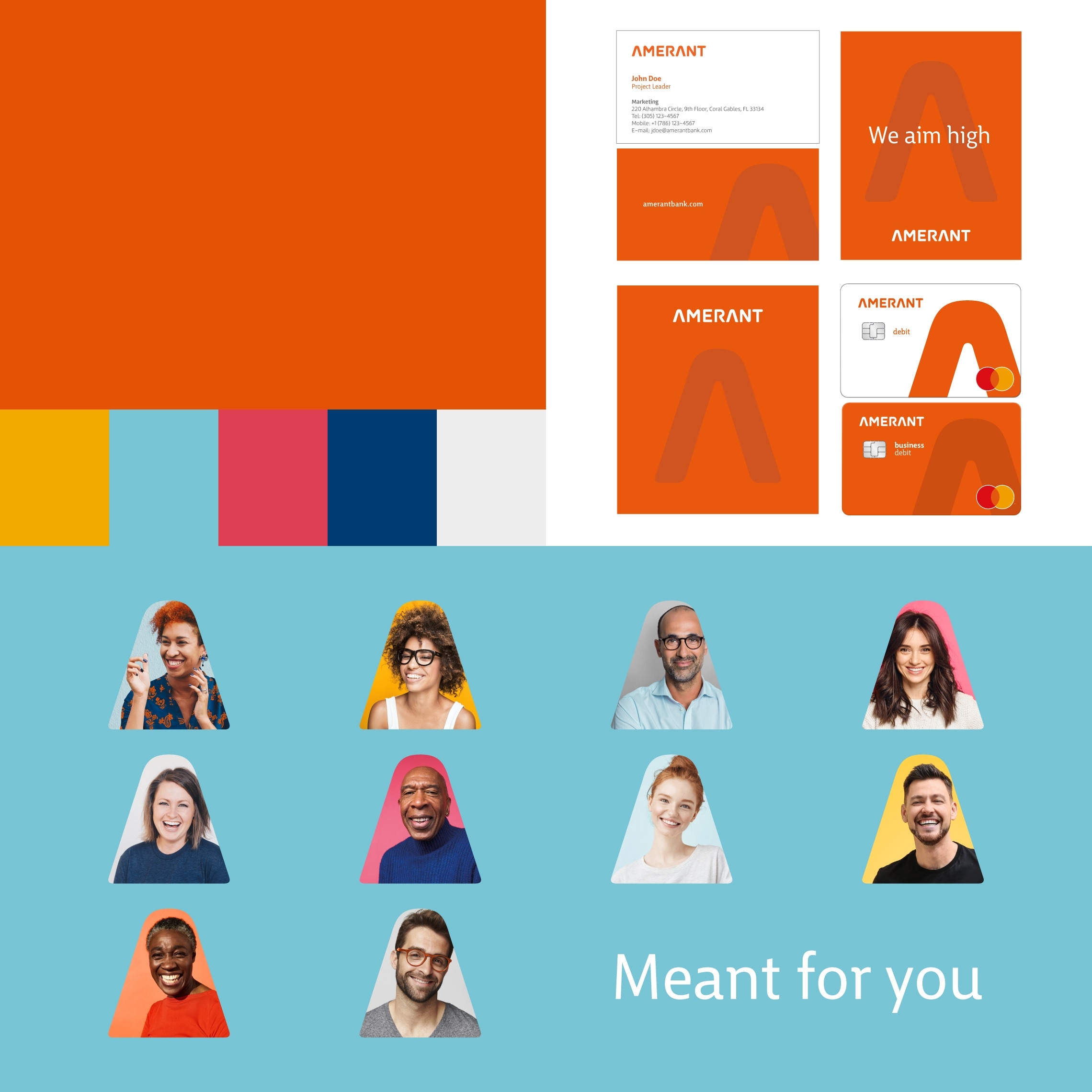 different elements of the brand identity developed for Amerant Bank: color palette, business cards, debit and credit cards, and imagery