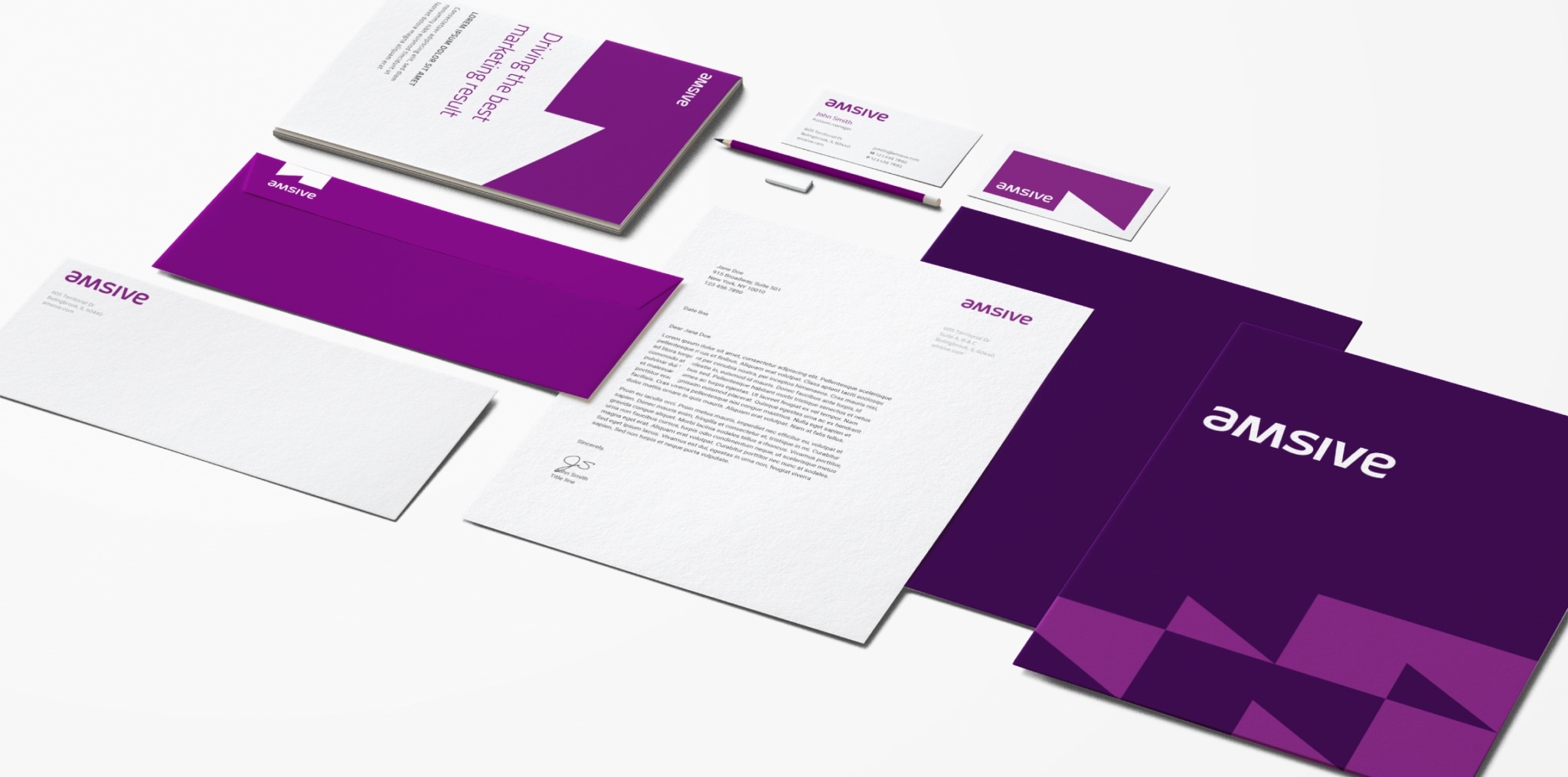 Examples of the design system applied to printed materials: a purple and white business card and envelope, folder and brochure