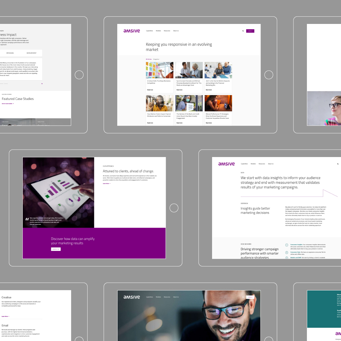Examples of screen layouts designed for Amsive's new website