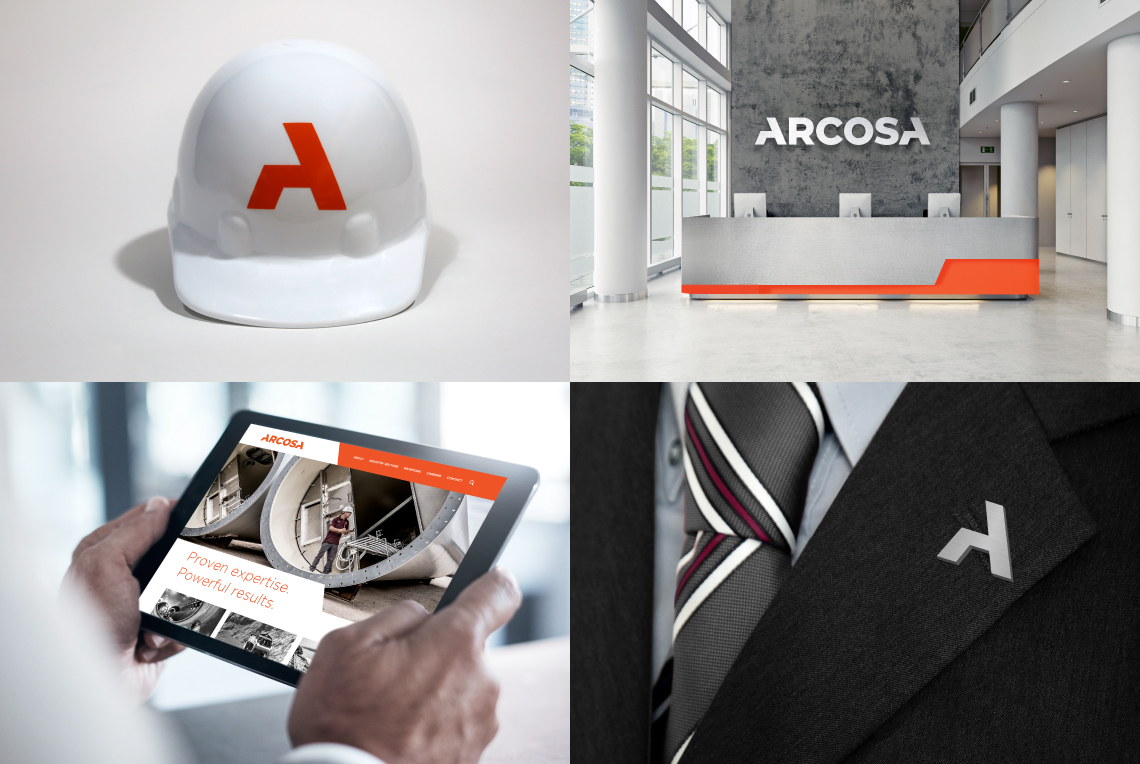 examples of the design system applied to different elements such as a building shell, an office reception wall, a web page, and a pin on a lapel.